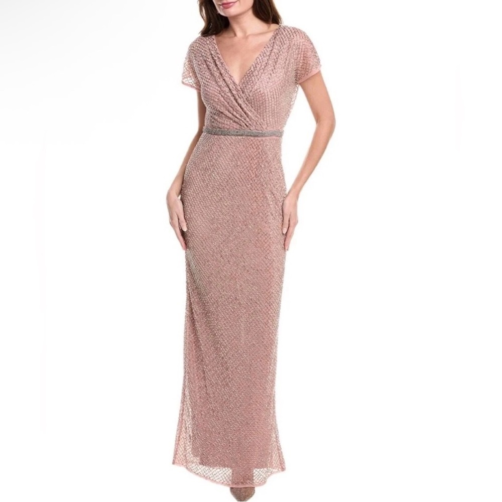 Mac Duggal 93787 V Neck Cap Sleeve Beaded Sequin Maxi Dress Rose Pink Silver 2